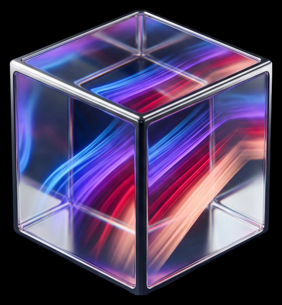 A glass cube refracting the Fluence gradient, blue to violet to red to peach