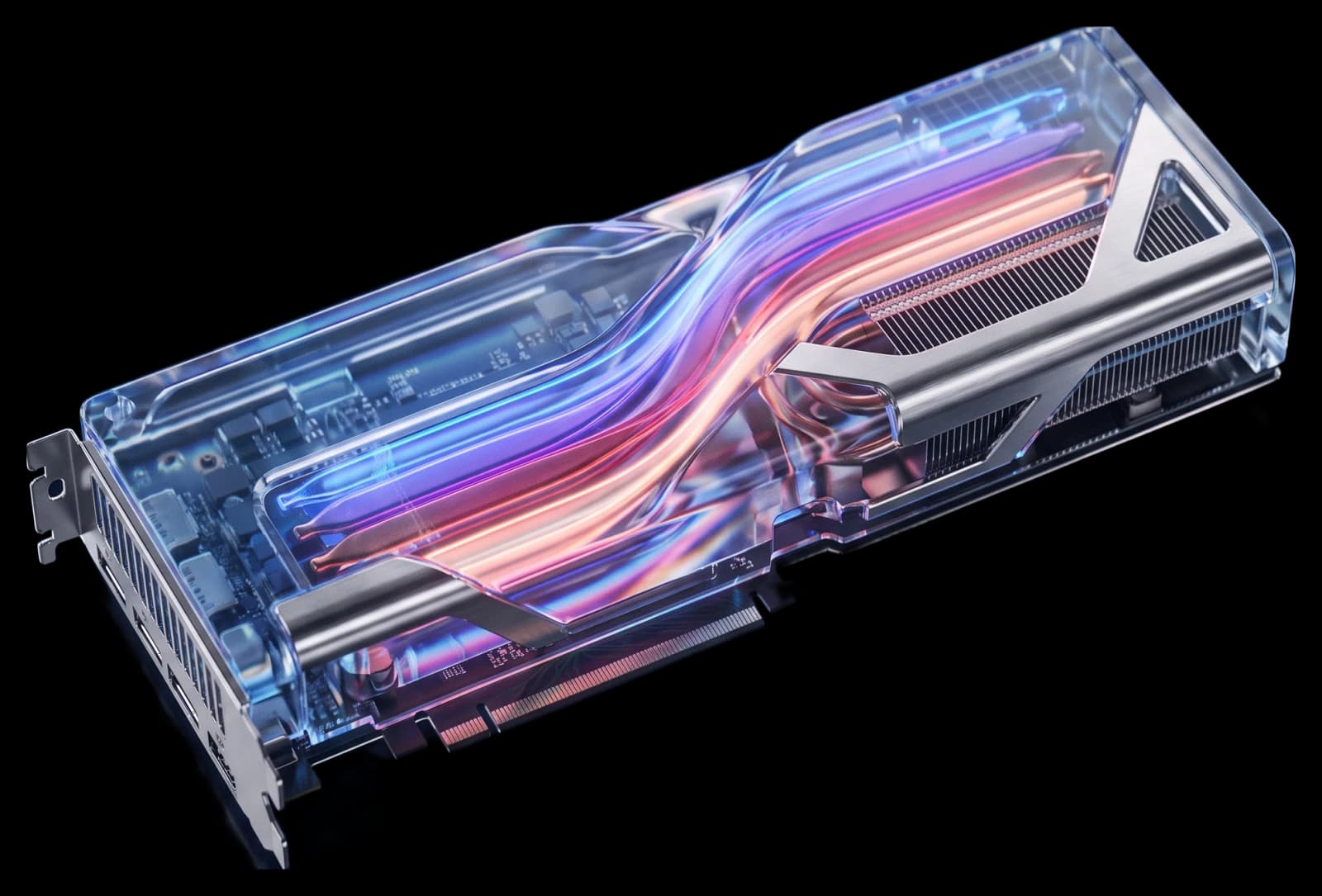 A glass GPU blade with chrome edges, light in the Fluence gradient flowing through it