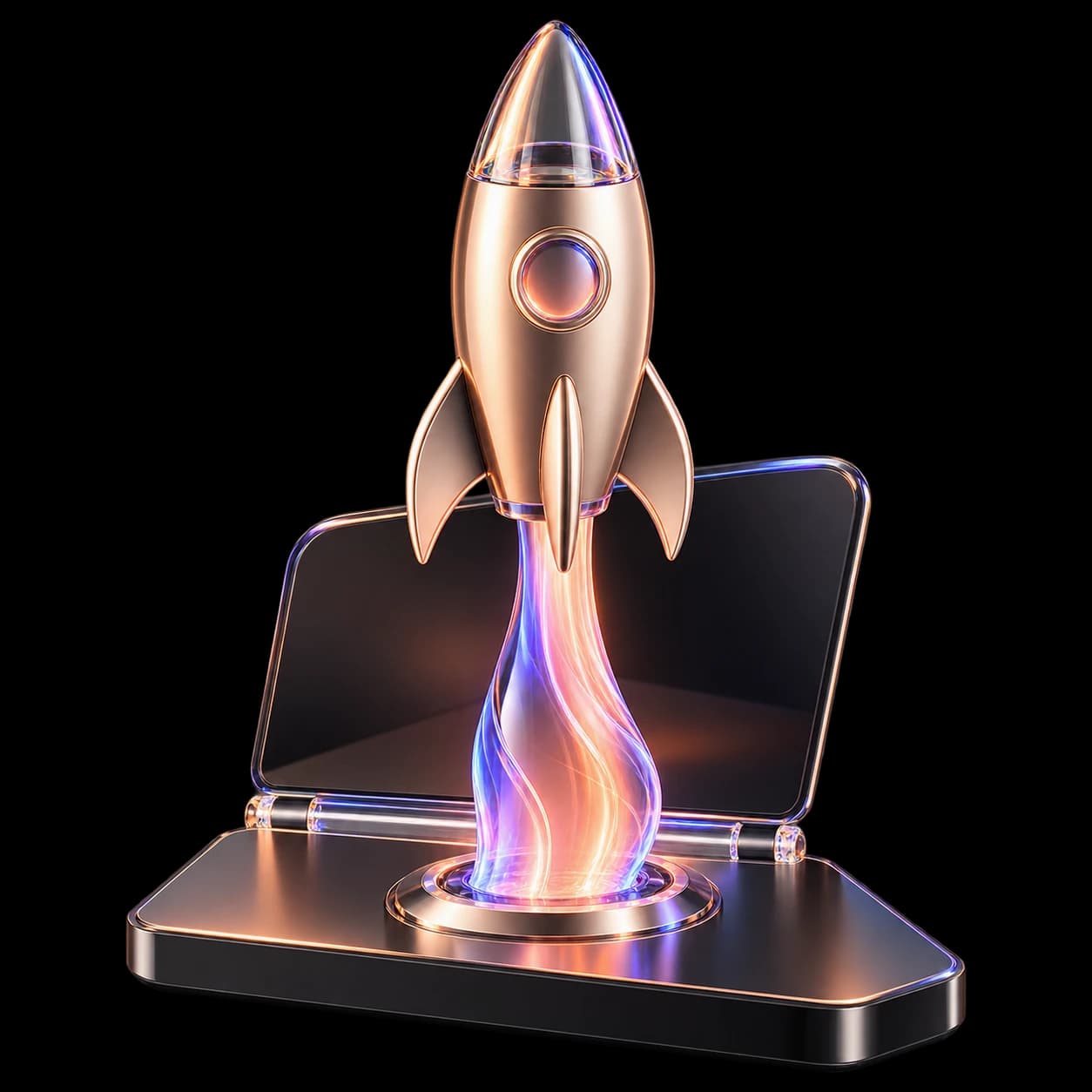 A champagne-metal launch capsule rising from a black glass compute console